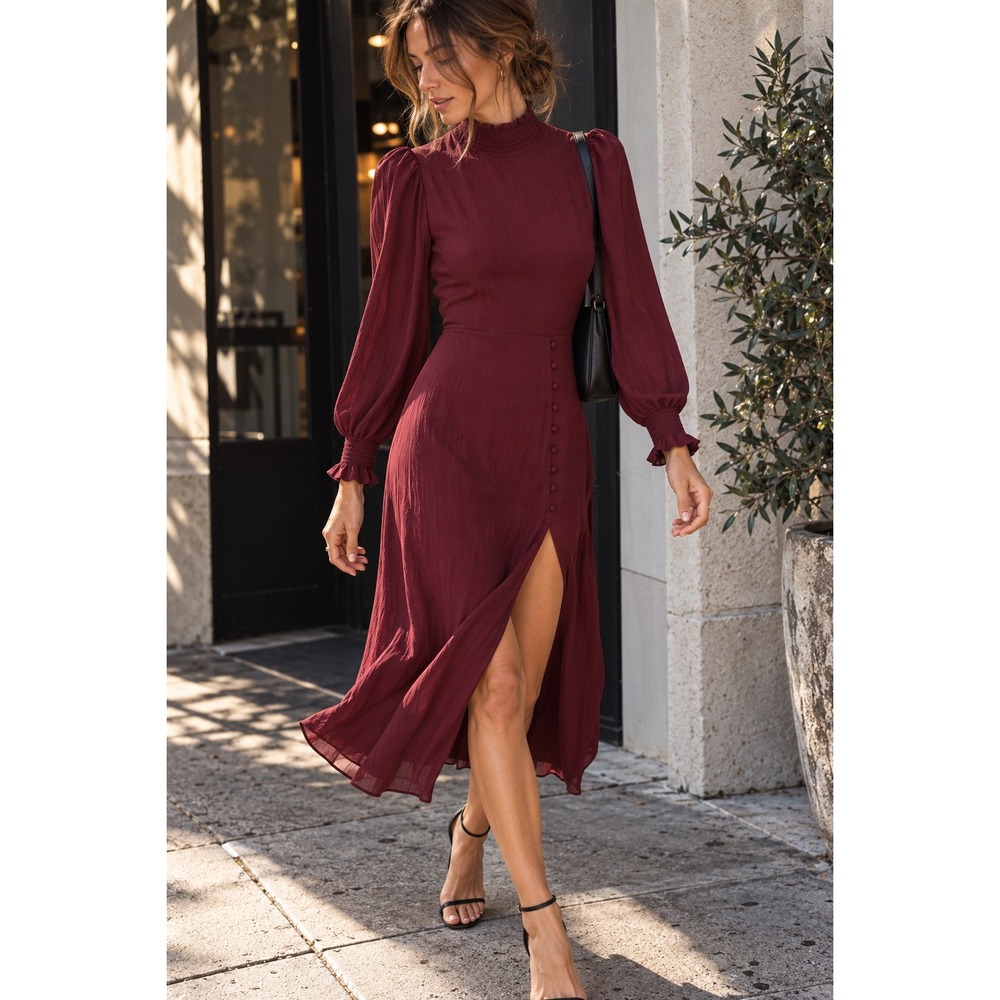 Reformation Wine Red Midi Dress with Puff Sleeves